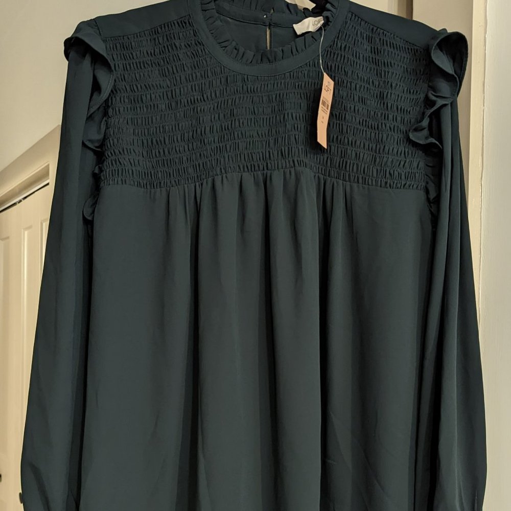 Loft - Forest Green Shirred Swing Blouse with Ruffle Shoulders